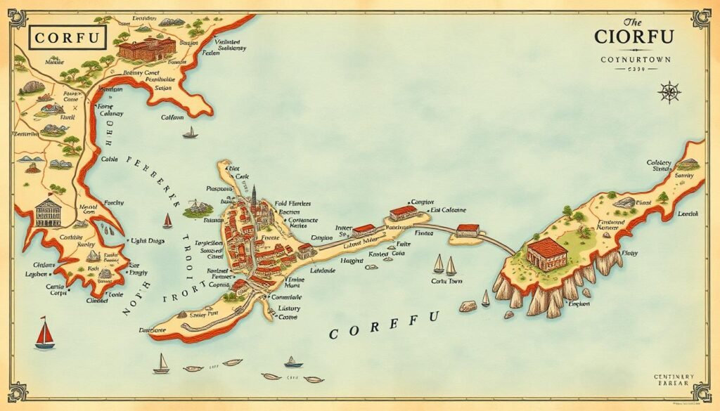 A detailed, hand-drawn map of Corfu, Greece, highlighting the northern coastal region. The map is intricately illustrated, with vibrant colors, ornate cartographic elements, and a vintage aesthetic. It showcases the key attractions and landmarks of Corfu Town, including the Old Fortress, the Esplanade, and the Liston promenade. The surrounding northern coastline is delineated, featuring picturesque beaches, coves, and rocky headlands. The map is bathed in warm, golden lighting, evoking a sense of exploration and discovery. The overall mood is one of historical charm and natural beauty, capturing the essence of Corfu's allure.