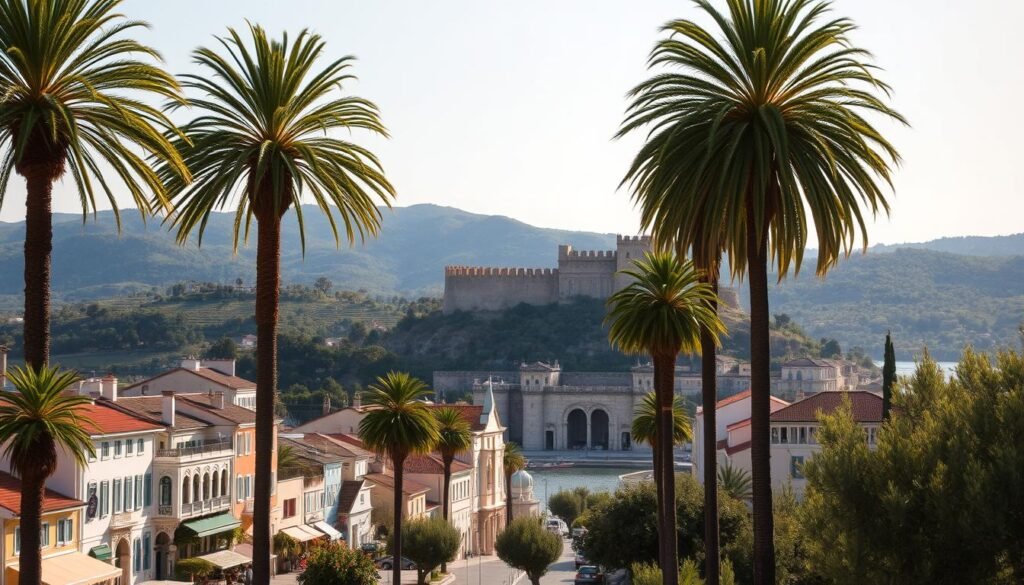 A picturesque coastal town nestled in the Ionian Sea, Corfu's cultural attractions blend Venetian, French, and Greek influences. In the foreground, the iconic Corfu Old Town with its charming pastel-colored buildings, cobblestone streets, and the iconic Spianada, a sprawling Esplanade lined with towering palm trees. In the middle ground, the majestic Old Fortress, its imposing walls and turrets casting dramatic shadows under a warm Mediterranean sun. In the background, the lush, rolling hills dotted with olive groves and cypress trees, creating a serene, timeless atmosphere. The scene is infused with a sense of history, heritage, and the vibrant, cosmopolitan character of this captivating Greek island.