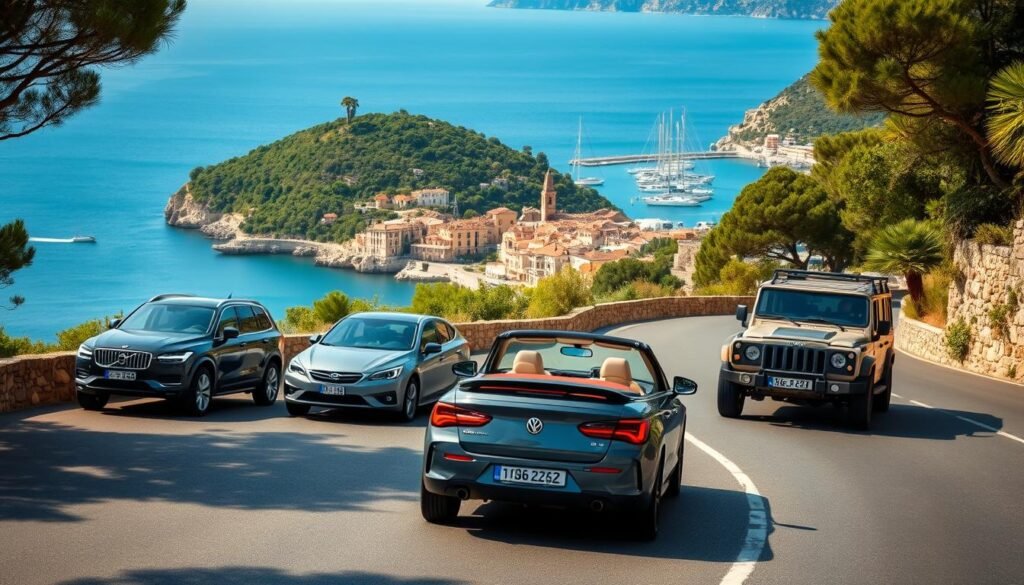 A scenic coastal road winding through lush Mediterranean landscapes, with a diverse fleet of family vacation vehicles in the foreground. A spacious SUV navigates the curves, flanked by a sleek minivan and a classic convertible. In the middle ground, a compact hatchback and a rugged off-road SUV dot the scene, while in the background, a picturesque seaside village and a sailboat-dotted harbor create a picturesque, sun-dappled atmosphere. Soft, diffused lighting and a shallow depth of field lend an idyllic, postcard-worthy quality to the image.