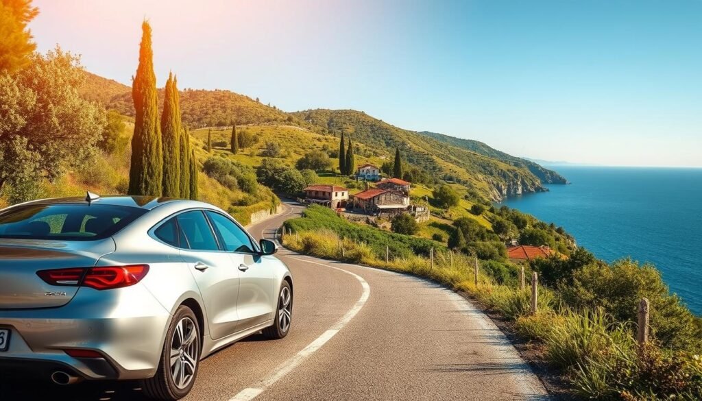 A scenic country road winds through the lush, verdant hills of Corfu, with a sleek, silver rental car navigating the picturesque landscape. The vehicle sits in the foreground, its shiny exterior reflecting the warm, golden sunlight that filters through the swaying cypress trees. In the middle ground, quaint stone houses and charming local shops dot the rolling hillsides, their vibrant colors and rustic architecture giving a glimpse of the island's traditional character. The background is dominated by the deep blue of the Ionian Sea, its calm waters meeting the horizon under a clear, azure sky. The overall atmosphere is one of tranquility, adventure, and the promise of exploration, perfectly capturing the essence of planning a perfect 3-day Corfu itinerary with a rental car.