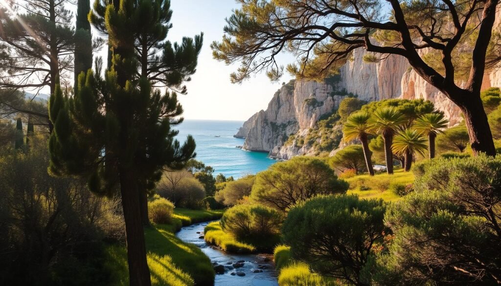 A serene landscape showcasing Corfu's lush natural beauty. In the foreground, a meandering stream flows through a verdant forest of towering cypress and olive trees. Sunlight filters through the canopy, casting a warm, golden glow on the tranquil scene. In the middle ground, rugged limestone cliffs rise majestically, their craggy edges softened by trailing vines and vibrant wildflowers. In the distance, the azure Ionian Sea glimmers, its waves lapping at pristine beaches fringed with swaying palm trees. An atmosphere of peaceful tranquility and untamed natural splendor pervades the entire image.