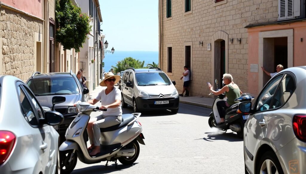 A sun-drenched street in Corfu, Greece, where locals navigate their scooters and cars with a carefree, almost choreographed dance. In the foreground, a moped weaves between parked vehicles, its rider effortlessly maneuvering through tight spaces. In the middle ground, a small hatchback car negotiates a narrow turn, its driver casually waving to a pedestrian. In the background, a picturesque stone building frames the scene, its weathered facade reflecting the island's rich history. The atmosphere is one of casual chaos, a harmonious rhythm of movement and interaction, capturing the essence of Corfu's unwritten driving customs.