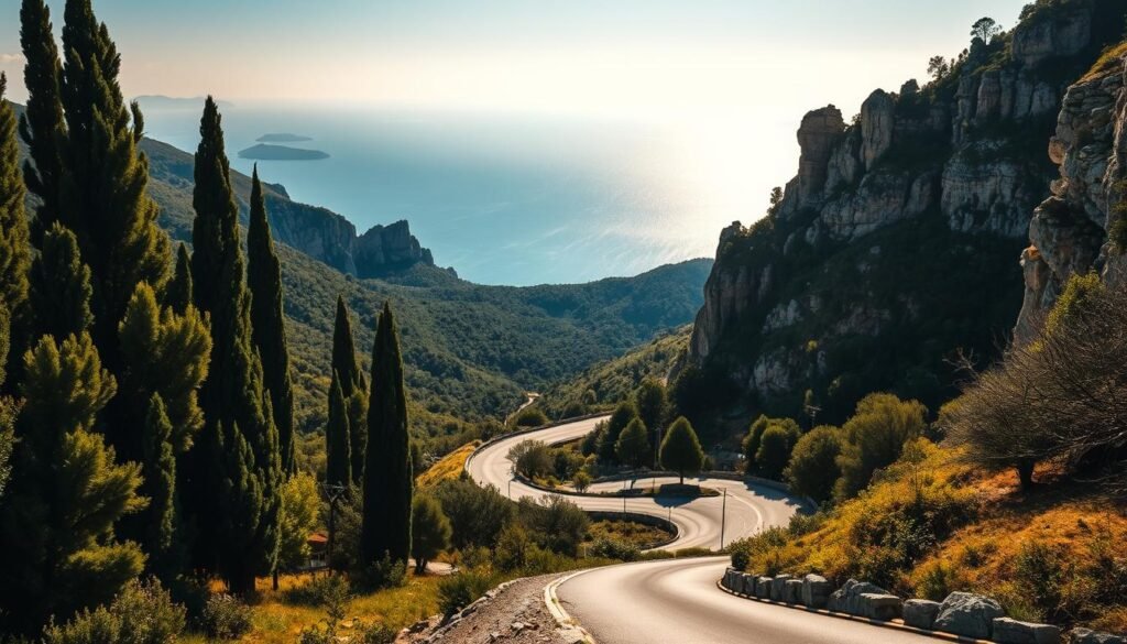 A winding mountain road winds its way through the lush, verdant hills of Corfu, Greece. The foreground is dominated by the twisting asphalt, flanked by towering cypress trees and ancient olive groves. The middle ground features dramatic limestone cliffs and rocky outcroppings, casting dramatic shadows across the landscape. In the distance, the azure waters of the Ionian Sea glimmer under a warm, golden light, with the silhouettes of distant islands visible on the horizon. The scene radiates a sense of tranquility and timeless natural beauty, inviting the viewer to embark on a serene, scenic drive through Corfu's breathtaking mountain vistas.