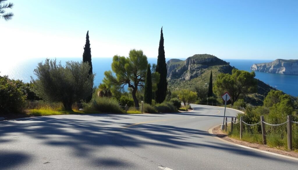 A winding, sun-dappled road winds through the lush, verdant landscape of Corfu, Greece. In the foreground, the asphalt is dotted with potholes and uneven surfaces, challenging drivers to navigate with caution. Towering olive trees and cypresses line the middle ground, casting gentle shadows across the scene. In the distance, the crystalline Ionian Sea sparkles under a brilliant Mediterranean sky, framed by rugged, rocky cliffs. The overall atmosphere is one of timeless charm and the unique driving environment that visitors to Corfu must be prepared to experience.