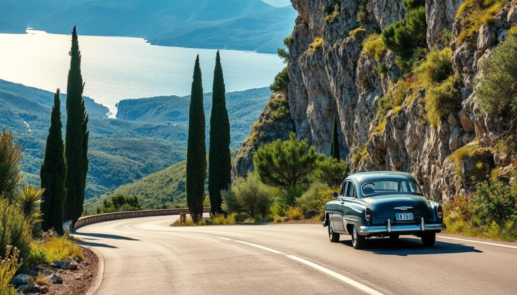 Corfu mountain road, winding through lush green hills and valleys, with the Ionian Sea glistening in the distance. A vintage car cruises along the serpentine tarmac, its chrome trim and gleaming paint reflecting the warm Mediterranean sunlight. Tall cypress trees line the road, casting dancing shadows on the pavement. Rugged limestone cliffs rise majestically on one side, adorned with scattered wildflowers and ancient olive groves. The scene exudes a sense of tranquility and adventure, inviting the viewer to explore Corfu's captivating natural landscapes.