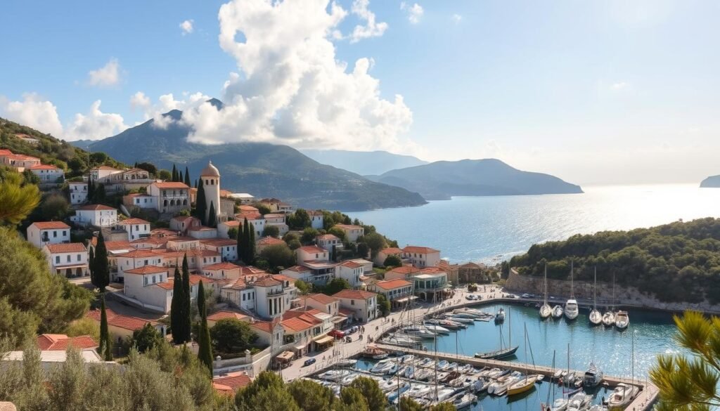 Scenic village of Kassiopi, Corfu, Greece. Charming whitewashed houses with terracotta roofs cascade down a hillside, framed by lush olive groves and cypress trees. A bustling harbor filled with traditional fishing boats and yachts nestles in the foreground, while in the distance, the sparkling turquoise waters of the Ionian Sea meet the rugged coastal mountains. Warm Mediterranean sunlight filters through wispy clouds, casting a golden glow over the picturesque scene. Camera positioned slightly elevated to capture the idyllic village panorama, using a wide-angle lens to embrace the full scope of the enchanting landscape.